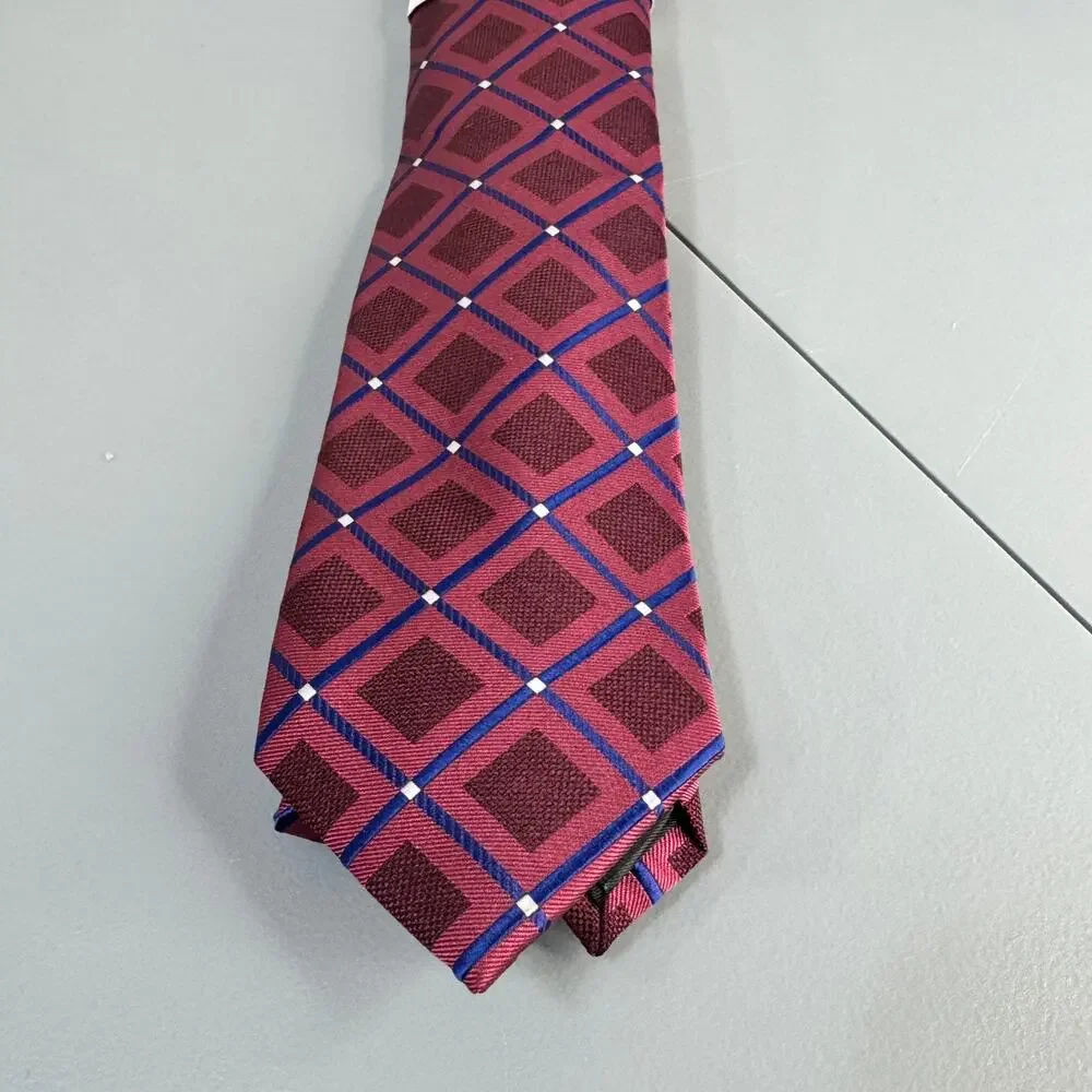 Perry‎ Ellis Portfolio Mens Necktie Hendry Grid Maroon Office Professional New